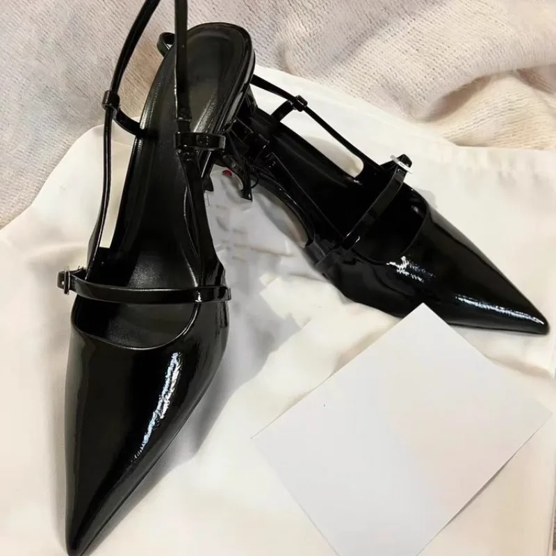 Black High Heel Women 2024 Summer Woman Pumps Pointed Leather Sexy Slingbacks Shallow Mouth Single Shoes For  Sandals