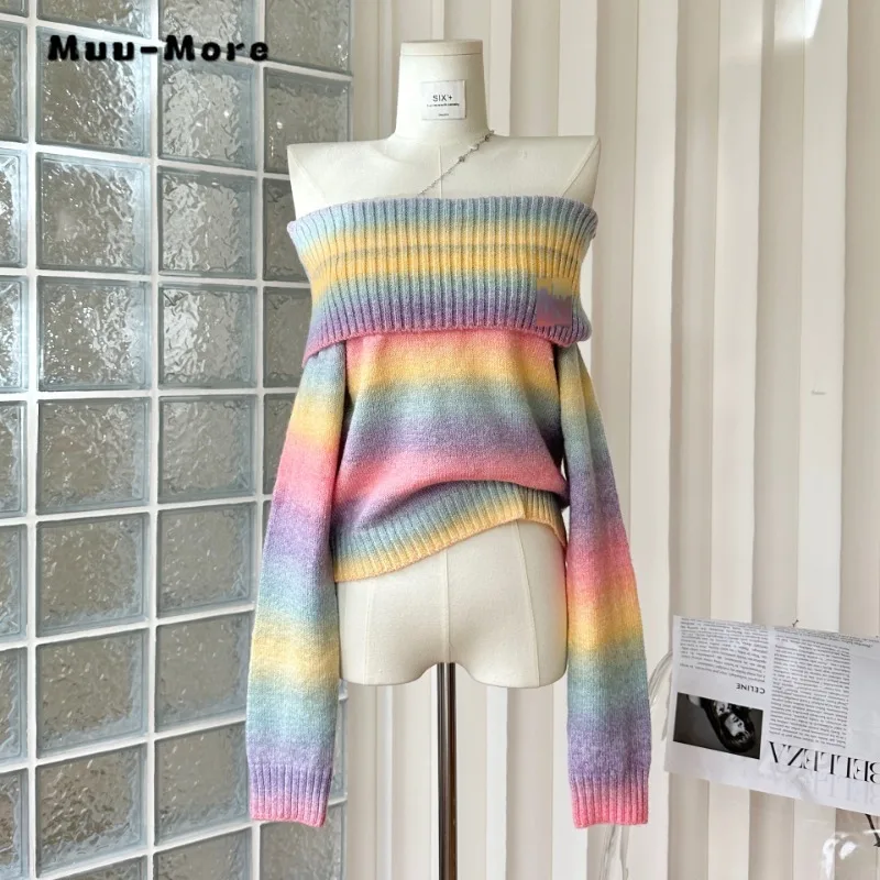 

2023 Autumn Winter Sweet Casual Y2K Knitting Long Sleeve Pullovers Korean Fashion Women Rainbow Print Slash Neck Ladies Sweater