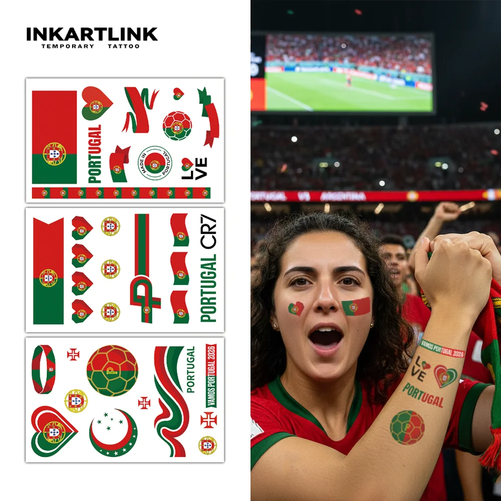 

INKARTLINK 1 набор из 3 шт. временных водонепроницаемых тату-наклеек серии PORTUGAFlag, цвет сохраняется 2-5 дней