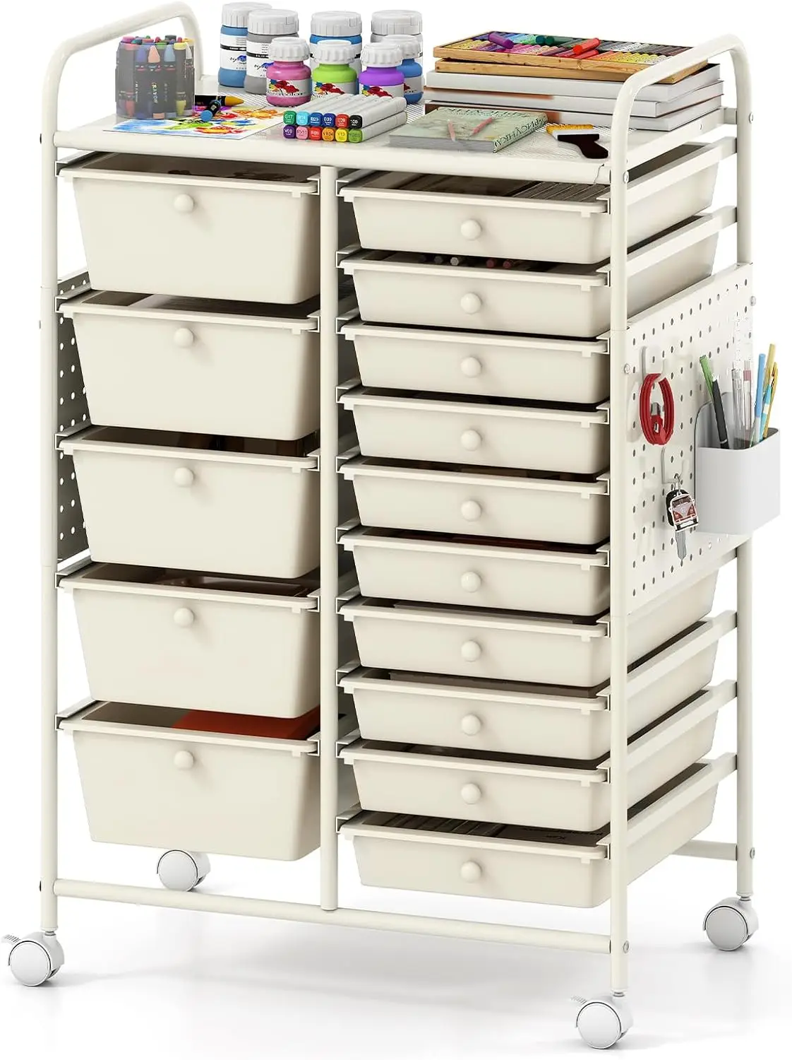 Drawer Rolling Cart Metal with Metal Tabletop & Pegboard，for Classroom Office Home Storage Organizer All Seasons Universal Ivory