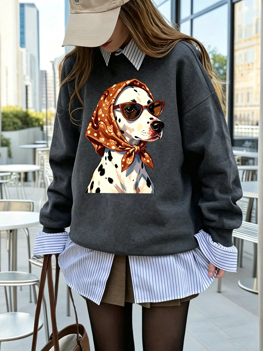 Braunes Kopftuch, Sonnenbrille, Hundemotive, Sweatshirt, Damen-Sweatshirt mit Rundhalsausschnitt, Basics-Hoodies, lockerer, warmer Fleece-Pullover, Herbstkleidung für Damen – Detail 20