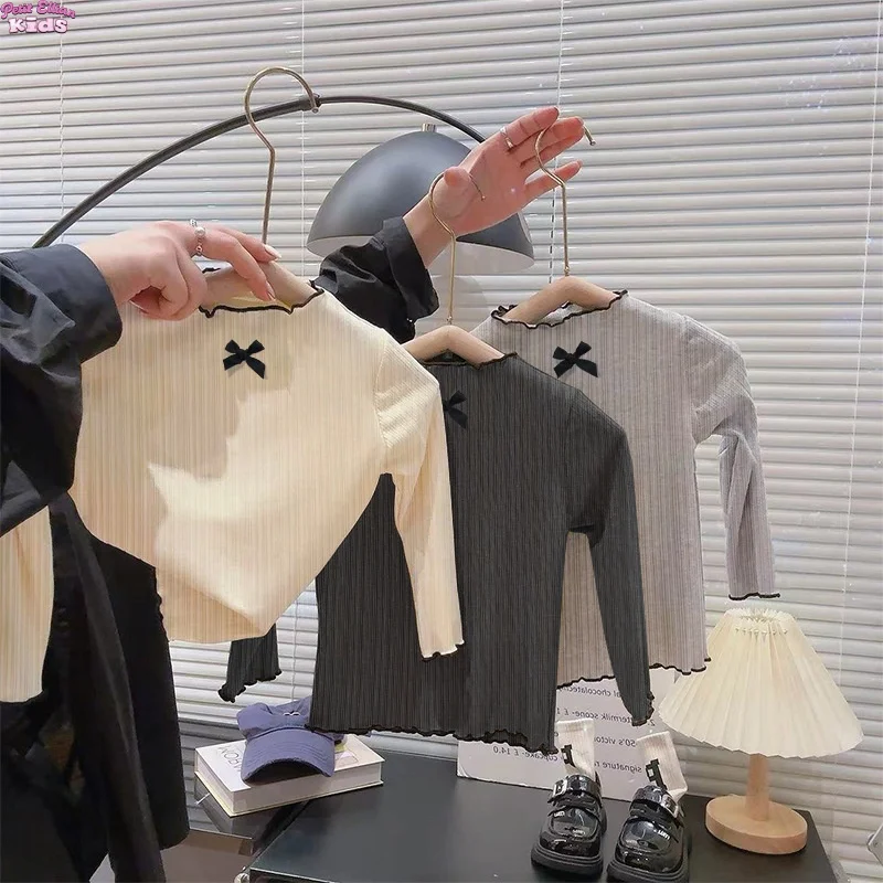 

1 - 7Y Kids Girls Long Sleeve T-shirts Sweater with Ruffles and Bowknot Skin Friendly for Spring Autumn Baby Tops Undershirt