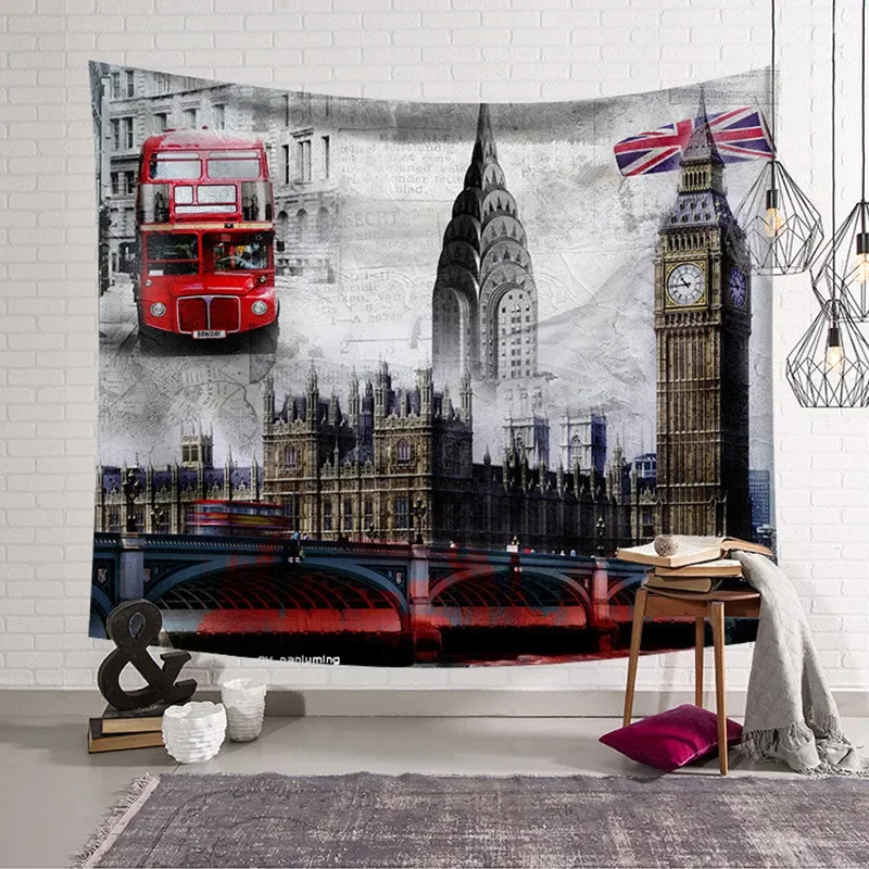 Red Bus Tapestry London England Vintage Art Theme The United Kingdom Flag European Architecture Style Bedroom Living Room Decor