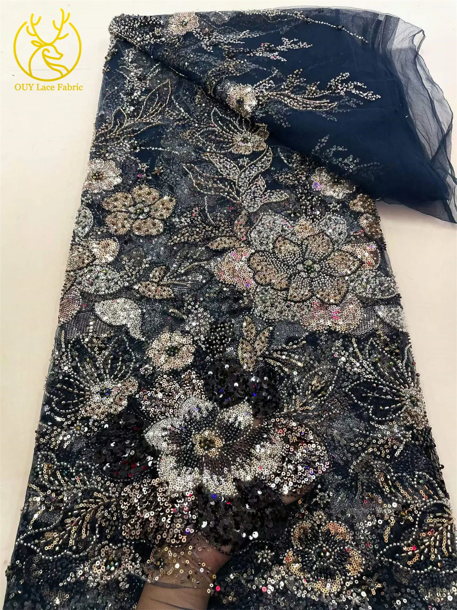 Afrikanischer Brautkleid-Stoff mit Stickerei und Perlen, hochwertiger nigerianischer französischer Pailletten-Tüll-Mesh-Spitzenstoff für Brautkleider – Detail 15