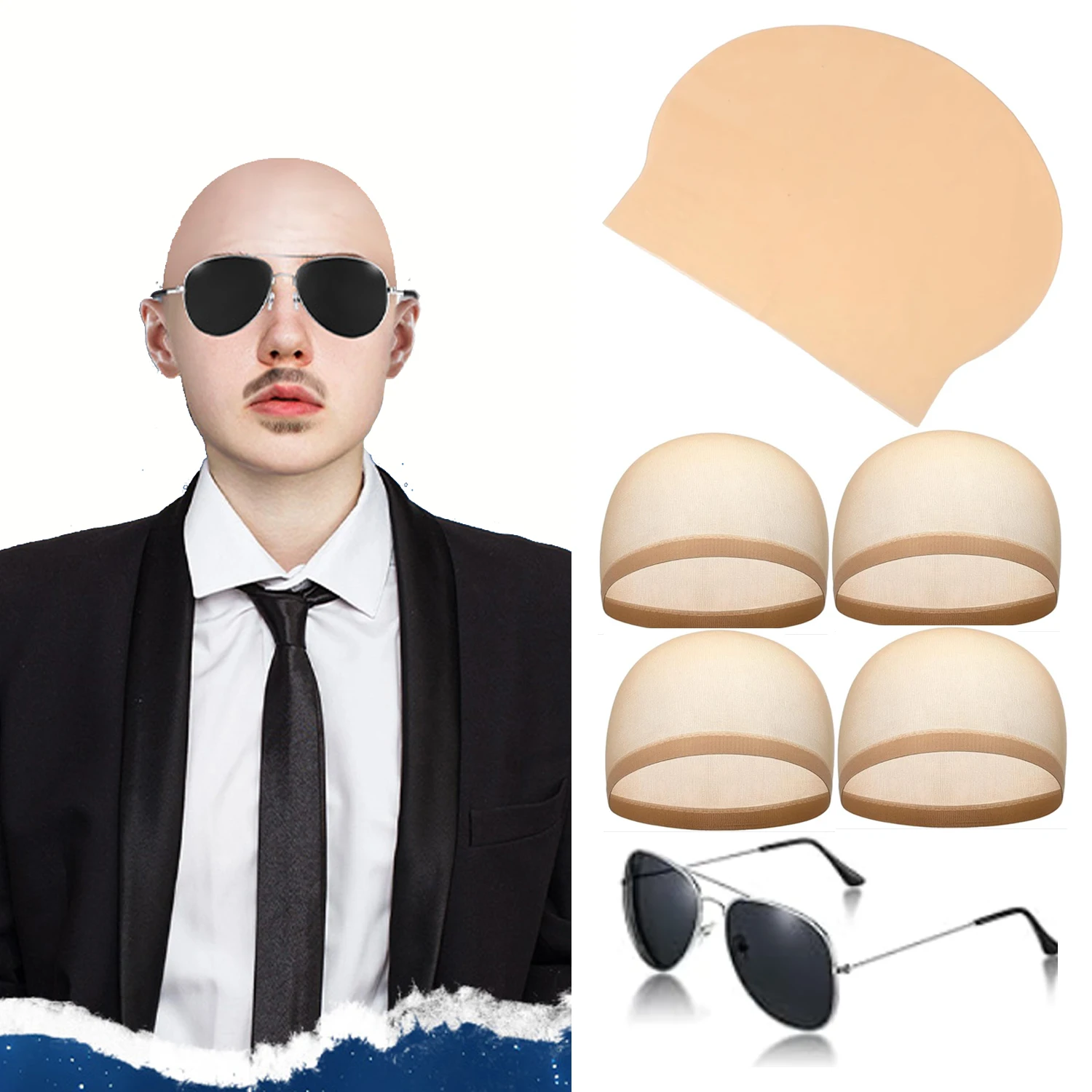 

6 шт., лысые шапочки с очками, лысая голова, парик, кепка, аксессуары для костюмов для вечеринок для взрослых, женщин и мужчин, Хэллоуин, косплей, Рождественский подарок