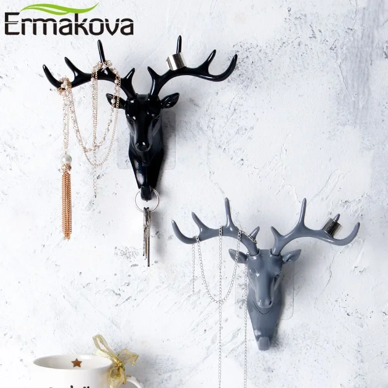 ERMAKOVA Self Adhesive Hook ABS Hook Wall Mounted Sticky Key Towel Hats Coat Robe Hook Holder Hanger Deer Head Kitchen Rack