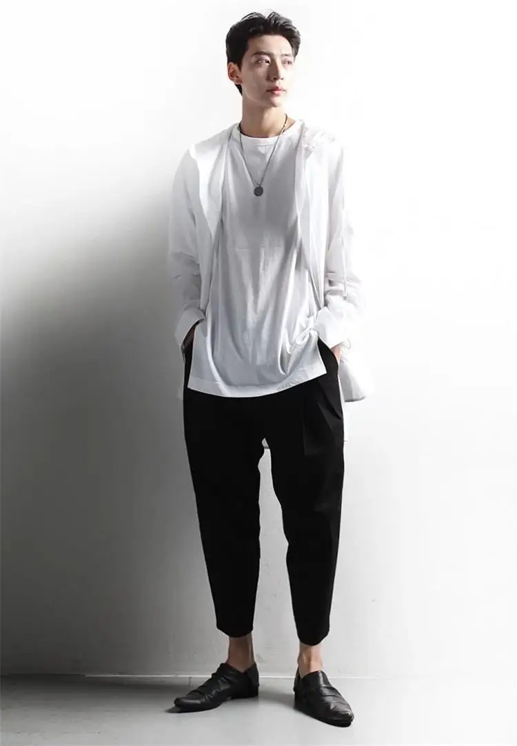 

Trendy Men's Casual Shirt Jacket Youth Loose Front Short Back Long Fashion Kangaroo Pocket Plus Size Male Hooded Outwear Tops