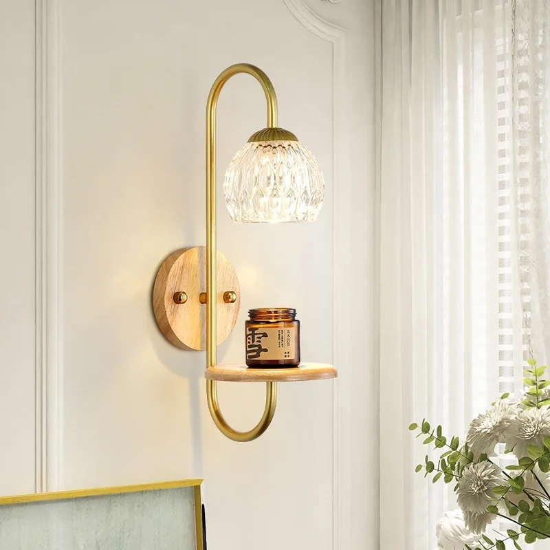 Pragmatism Bedside Wall Lamp with Storage Shelf Elegant Crystal Lampshade Solid Wood Wall Sconce for Bedroom Hotel Hallway Light