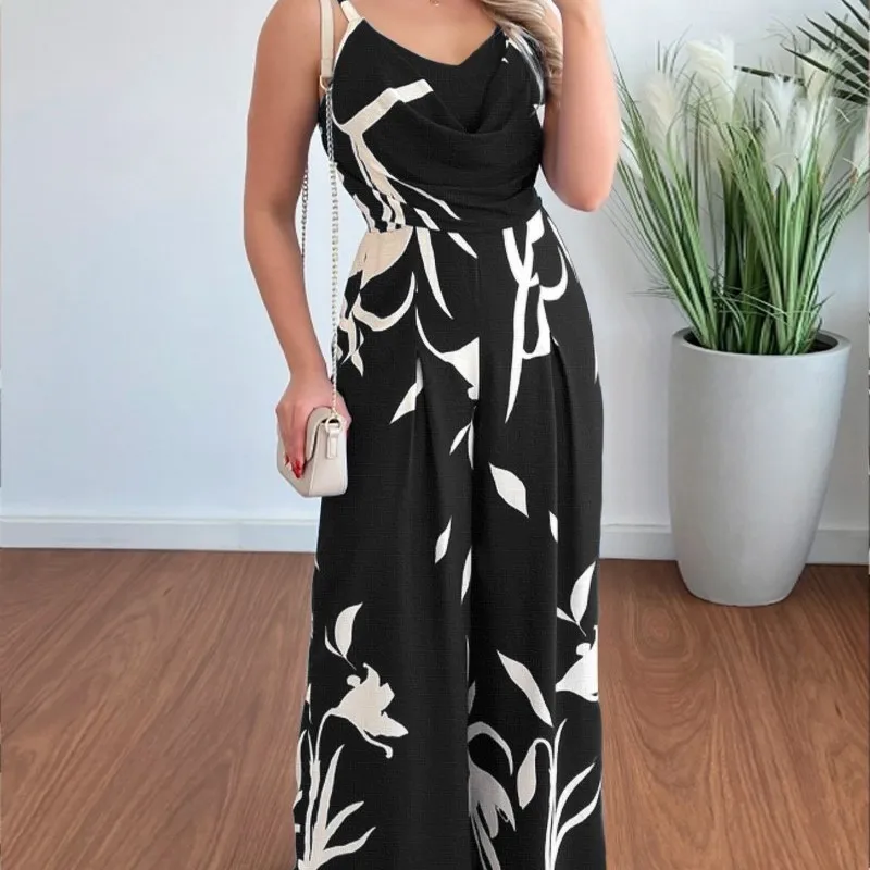 Ladies' Temperament Wide Leg Jumpsuit High Waisted Printed Sling Sleeved 2024 New Women's Temperament V-neck Cinched Jumpsuit.