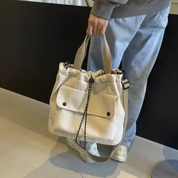 Vintage Nylon Drawstring Women Shoulder Bag Waterproof Flap Outer Crossbody Bag Casual Large Classes Commuter Durable Handle Bag