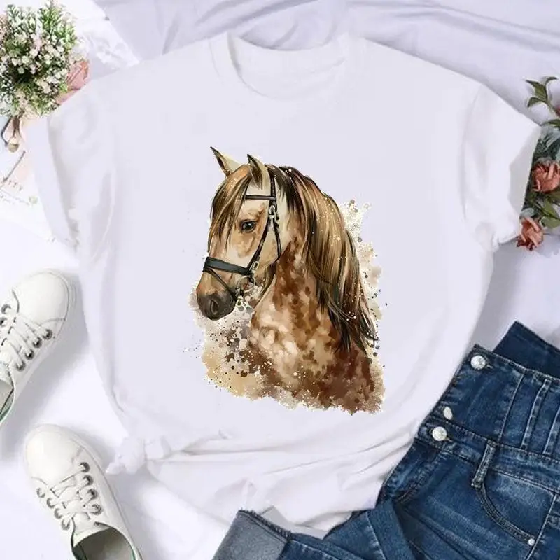 Short Sleeve Horse 90s Love Trend Print T Shirt Fashion Summer Women Female Casual Top Tshirts Cartoon Graphic Tee T-Shirt