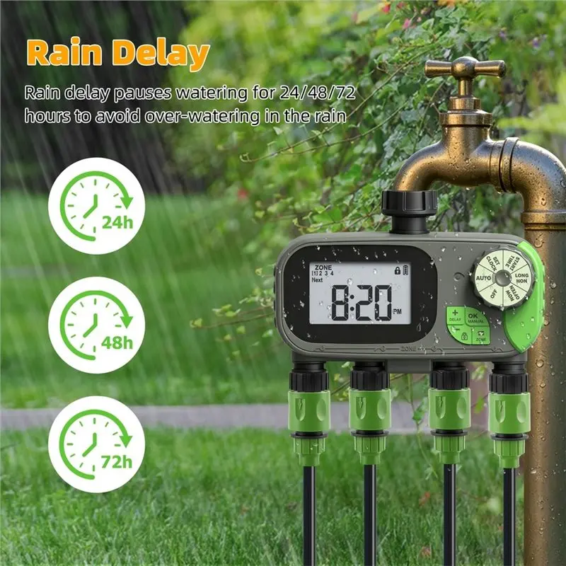 AB66-4 Zone Garden Watering Timer Rain Delay Hose Faucet Timer Automatic Sprinkler Irrigation Controller