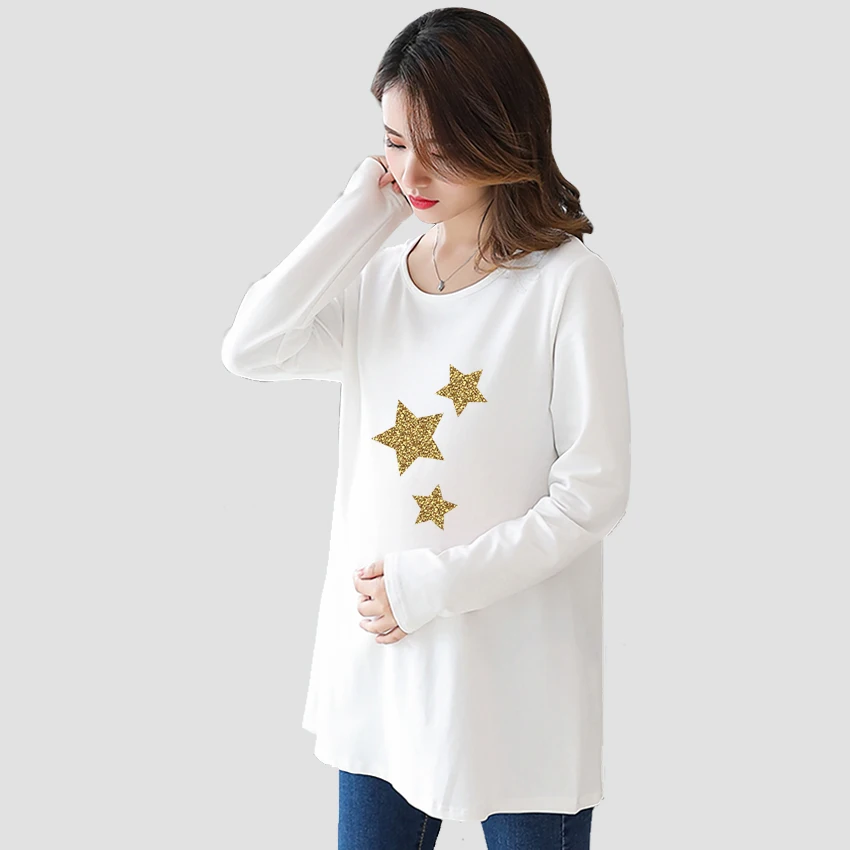 

Golden Pentagram Funny Cute Sweet Cartoon Print Customized Pregnant T-Shirt Maternity Pregnancy Tee Flattering Long Sleeve Shirt