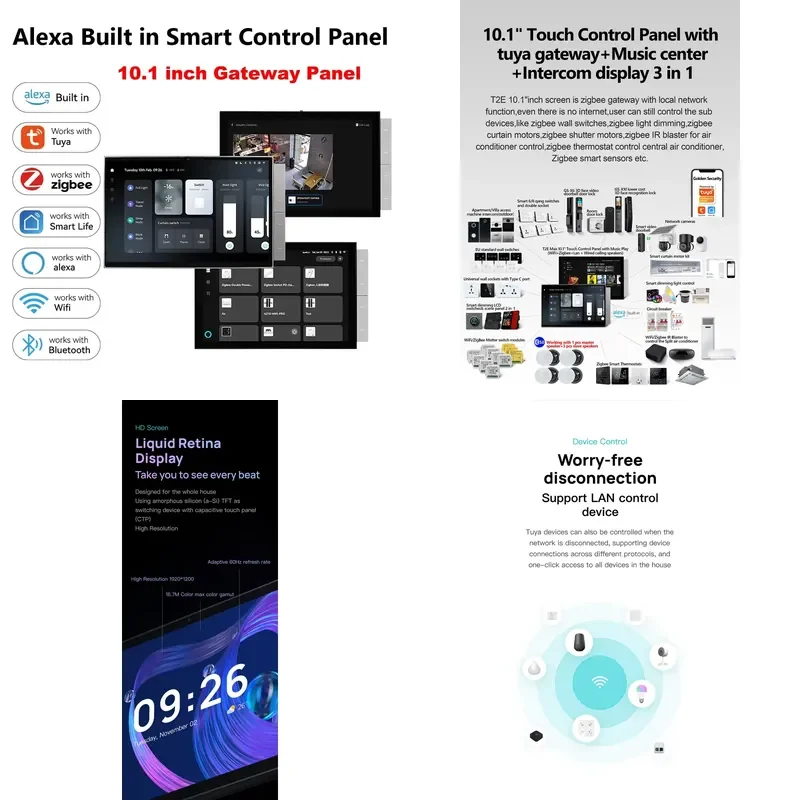 for 2026 T2E 10.1 Inch Smart Home Control Panel Touch Screen Zigbee Gateway Built in Alexa Music Intercom System Graffiti