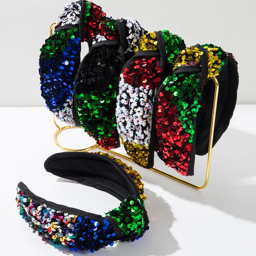 

Hot Sale Fashion Hand Sewn Colored Sequins Headband Trend Personality Hip Hop Shiny Prom Party Hair Accessories