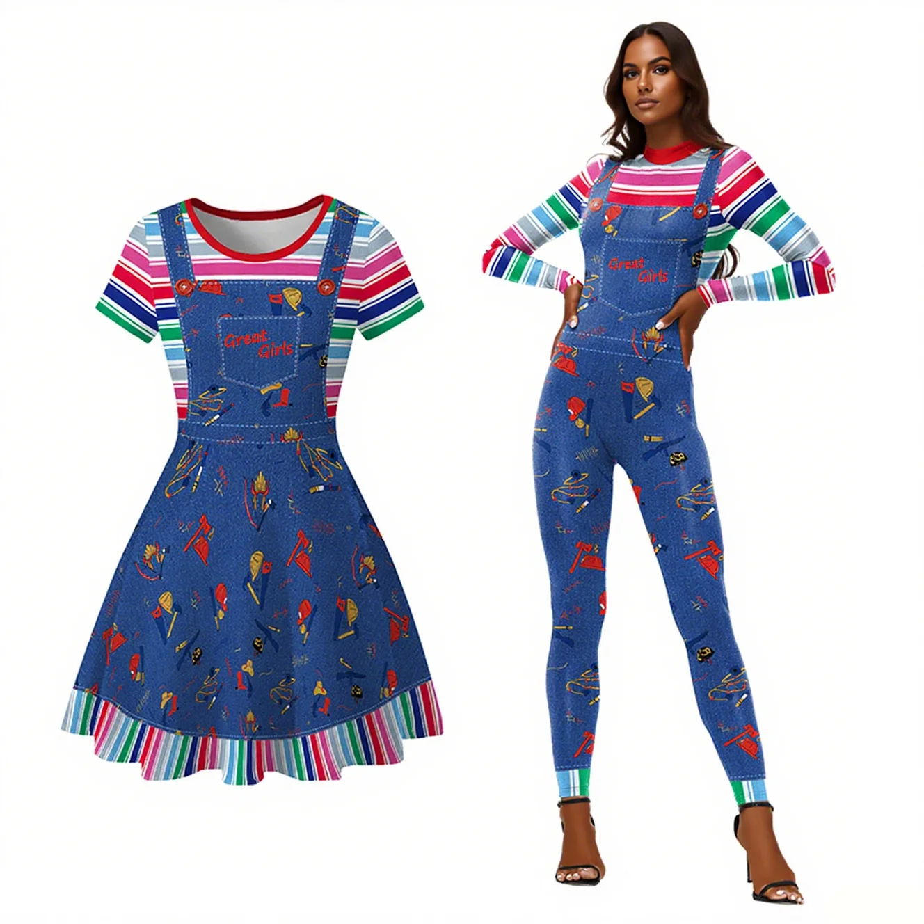 VESTOS Disfraz de Halloween Monos de Dibujos Animados Monos con Camisa Rayada para Adultos Chucky Cosplay Festival Disfraces Mamelucos