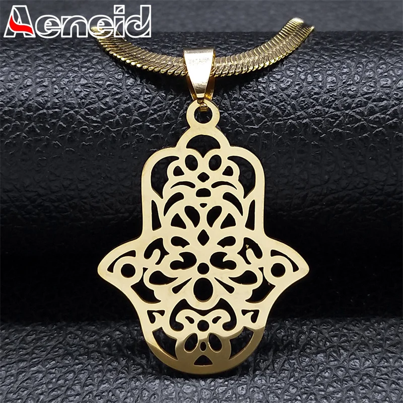 

Hamsa Hand of Fatima Hollow Necklace for Women Men Stainless Steel Gold Color Islamic Religious Choker Chain Jewelry N3368