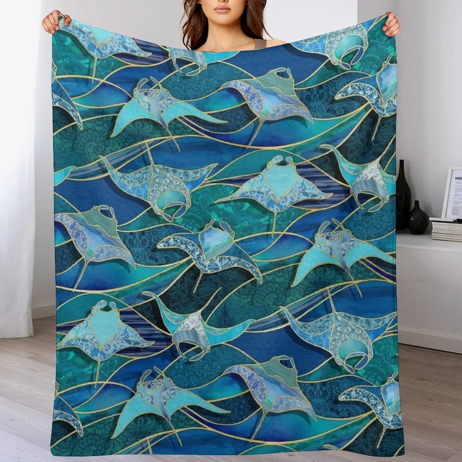 Patchwork Manta Rays in Sapphire and Turquoise Blue Throw Blanket decorative Kid'S Blankets For Sofas Decoratives Blankets