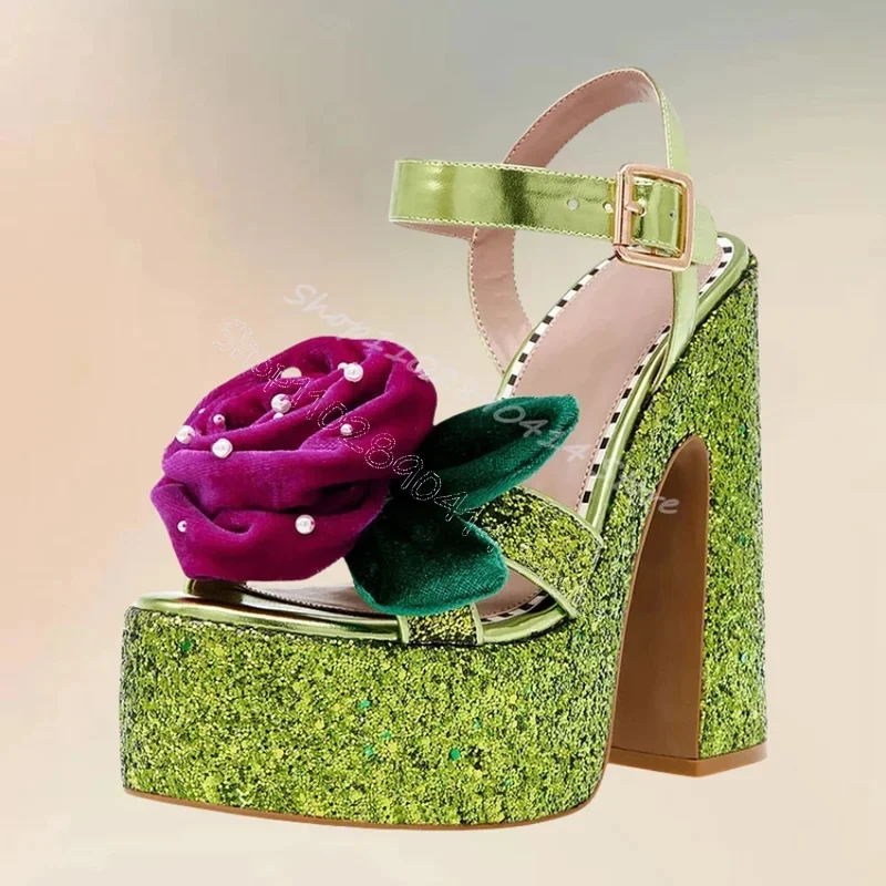 

Appliques Decor Green Sequins Platform Sandals Buckle Strap Women Shoes Chunky High Heels Fashion Party 2025 Zapatos Para Mujere
