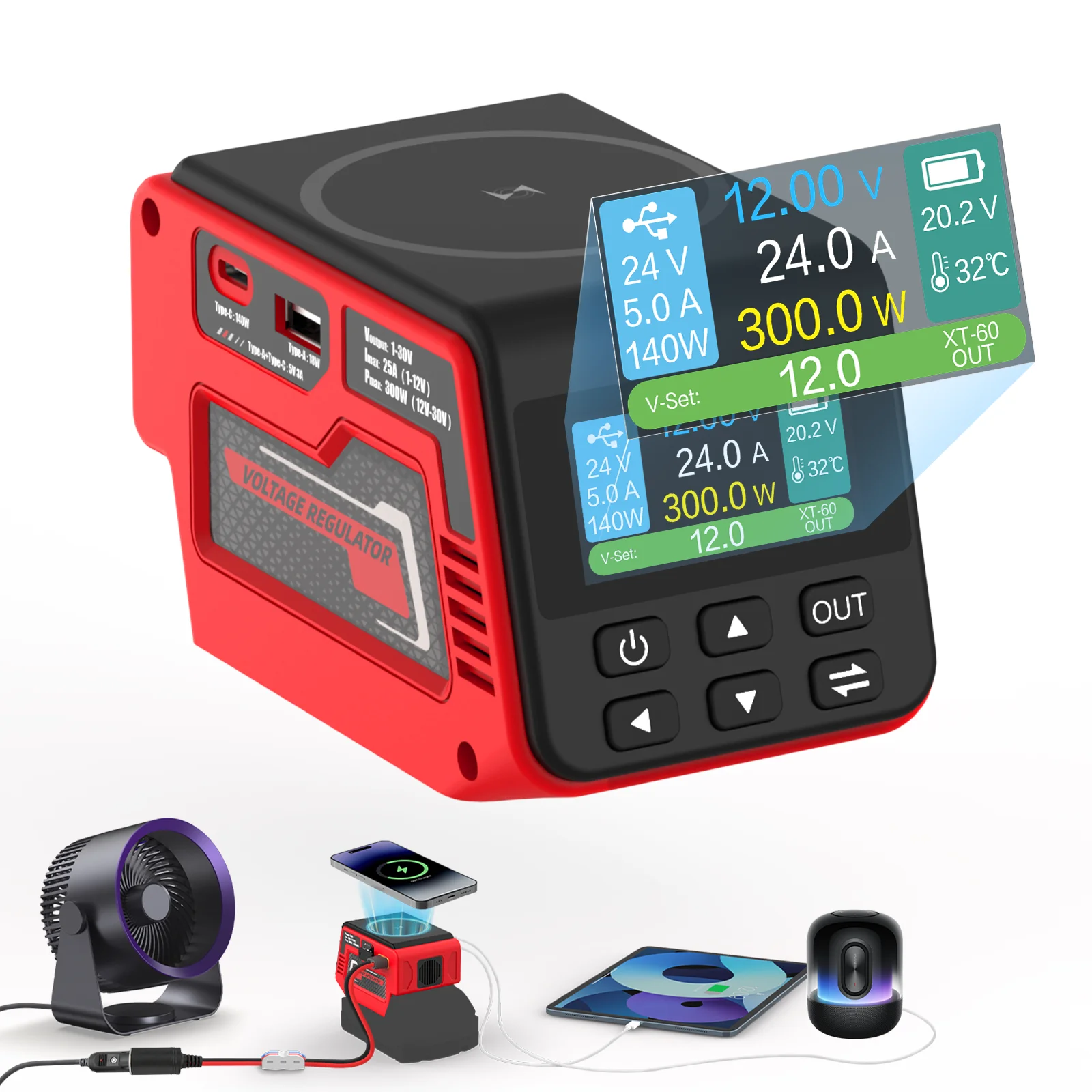 

Kzreect 300W Voltage Regulator with Wireless Charging & 100W Type-C Compatible with Mil-w-k 18V Battery Camping Accessory