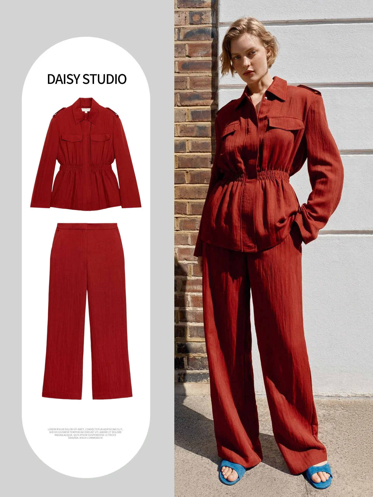 Women's Fashion Autumn Set Long Sleeve Stand Collar Padded Shoulder Waist Inward Coat with Draping Wide Leg Pants