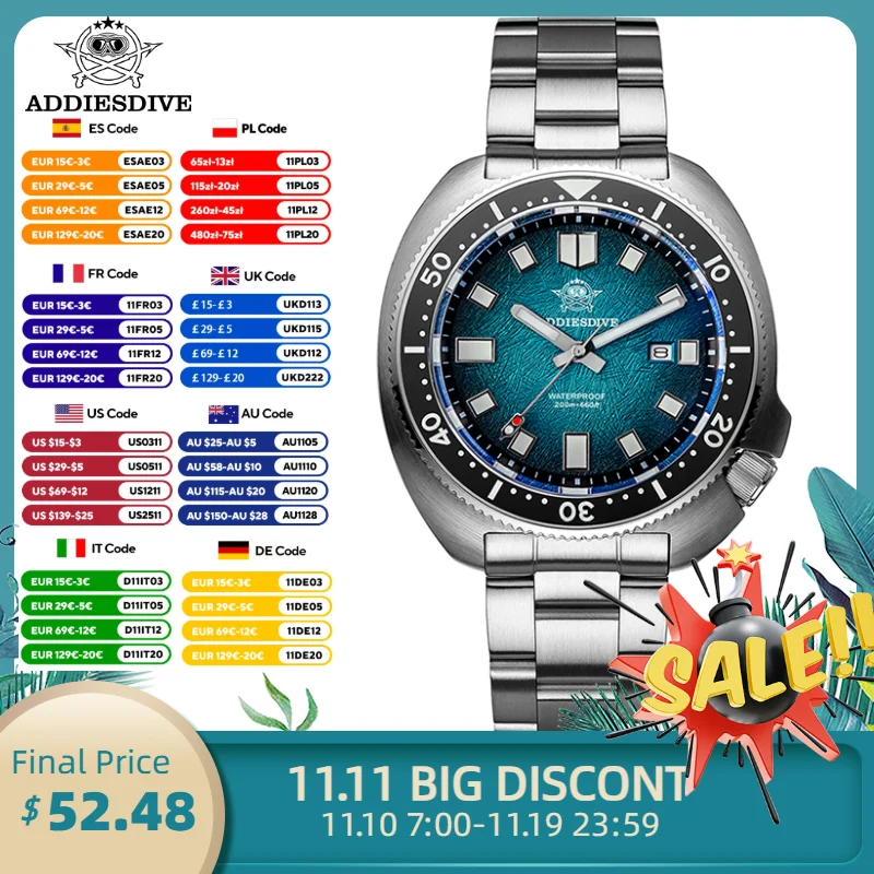 Addiesdive ساعات كوارتز للرجال الياقوت الزجاج 41 مللي متر AR المغلفة 200 متر مقاوم للماء غواص ساعة BGW9 مضيئة جديد AD2511 رجل ساعة #1