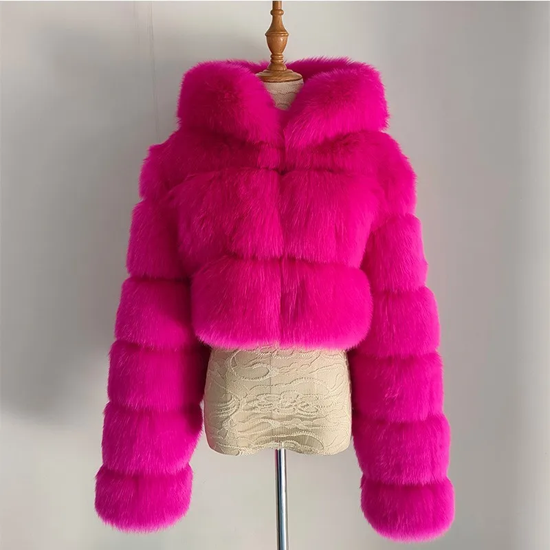 Furry Cropped Faux Fur Coats Jackets Women Fluffy Top Coat Hooded Straight Short Winter Fur Jacket Fashion Zip Hoody Streetwear