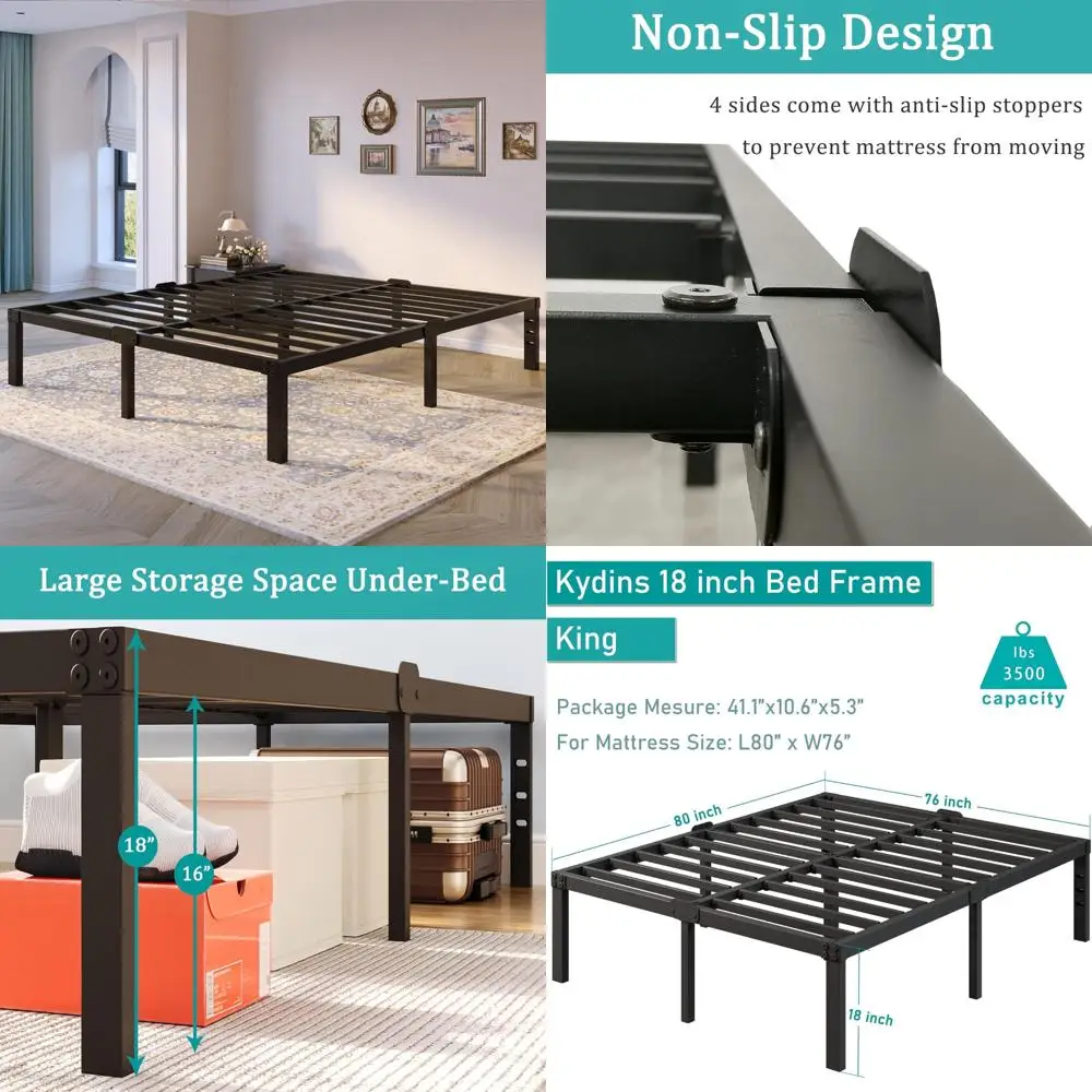 

18 Inch High King Size Metal Platform Bed Frame with Storage and No Box Spring Required, Black Heavy Duty Non-Slip Mattress Foun