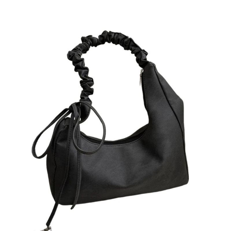 Women Armpit Bag PU Leather Handbag Pleated Shoulder Bag Shopping Bag Solid Color Crossbody Bag Underarm Bag