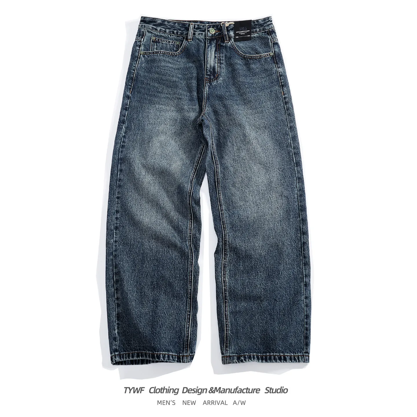 2026 Autumn New American Retro Heavyweight Multiple Pockets Wide-leg Jeans Men's Fashion Washed and Whitened Loose Casual Pants