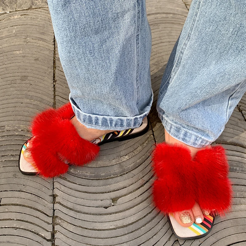 Black White Red Mink Fur Flat Slipper Butterfly Shape Floral Printing Fabric Peep Toe Women Leisure Winter Fur Slide Shoes