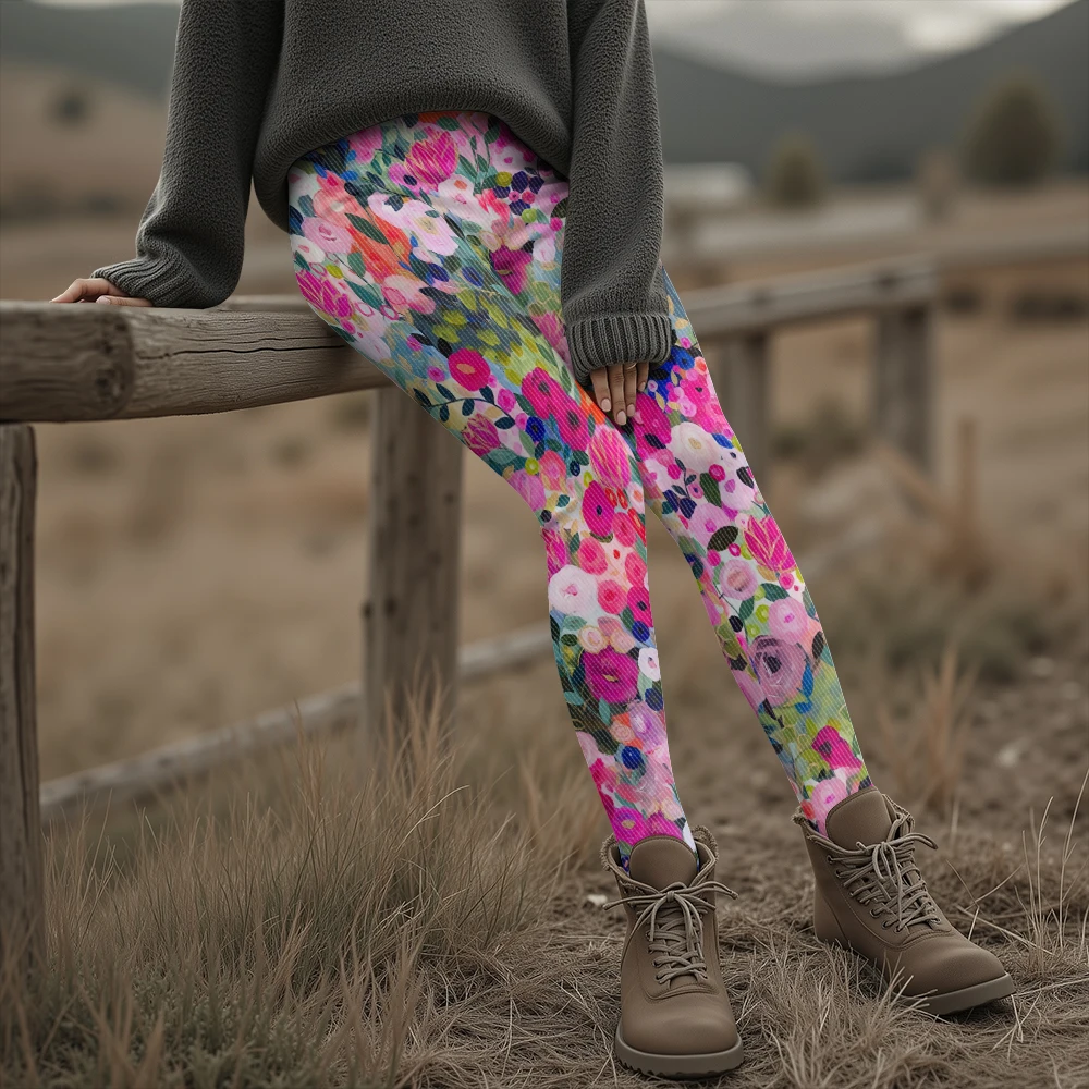 الملونة تتفتح الزهور نمط المرأة طماق الخريف الشتاء الدافئة الأزياء الجوارب أنيق في الهواء الطلق نظرة أزياء الشارع الشهير #3