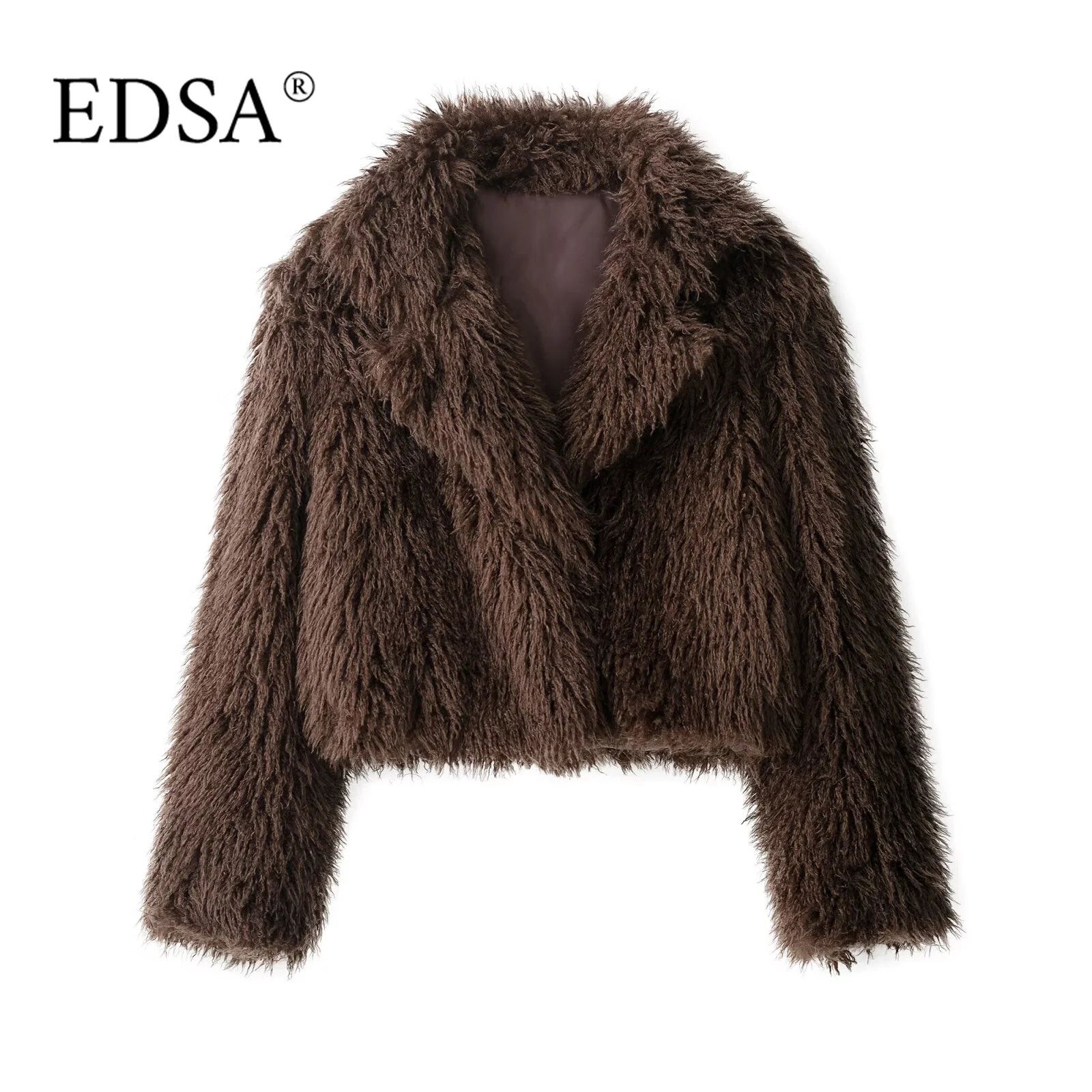 EDSA Vrouwen Nepbont Jas Lange Mouwen Voorzakken Revers Kraag Rechte Zoom Herfst Winter Vrouwelijke Jas Bovenkleding