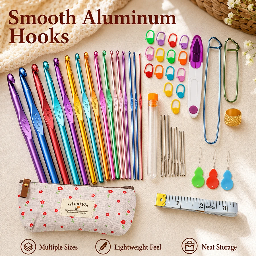 Multi-Color Portable Crochet Hooks Set with Aluminum Needles Notation Pen Tape Measure Storage Bag for DIY Beginner Handcraft