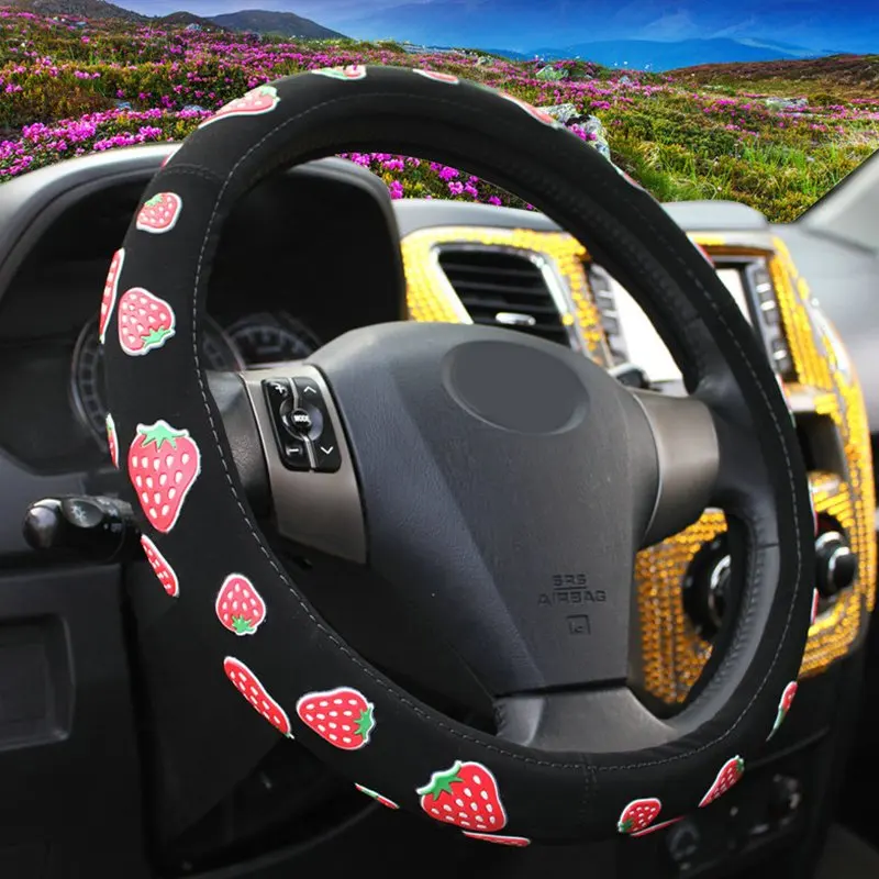 Cute Strawberry Print Car Steering Wheel Covers Universal Elasticity No Inner Circle Steering-wheel Protector Auto Accessories