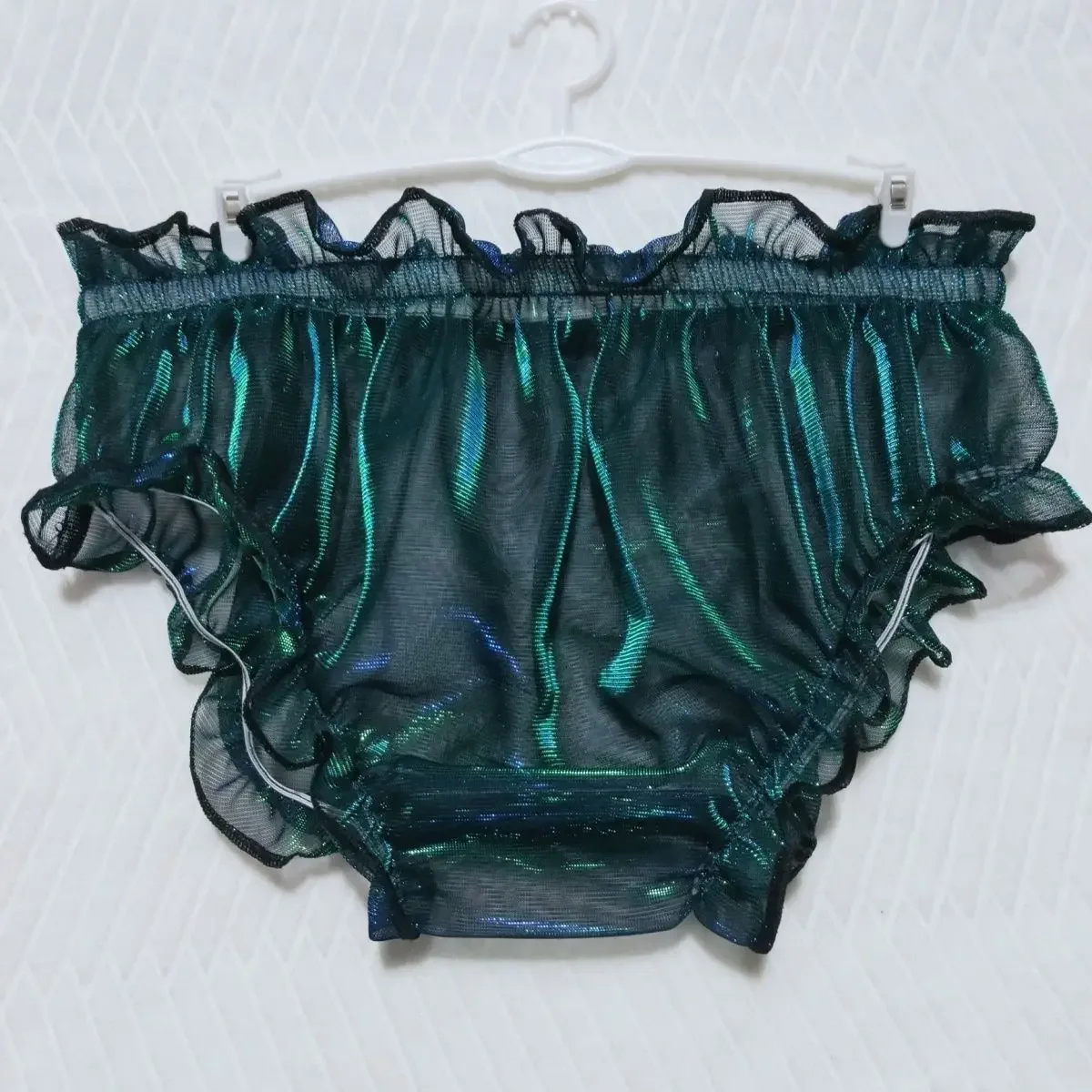 Calzoncillos de Organza holográfica rosa con láser transparente para hombre, bragas transparentes con volantes sexis para mujer, disfraces de fiesta privada FKK para parejas BF