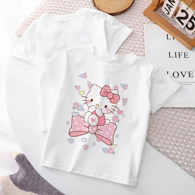 Hello Kitty Flower Children T-shirt Kawaii Sanrio Kuromi Melody Anime Y2k T Shirt Cartoon Kid Girl Boy Streetwear Casual Clothes