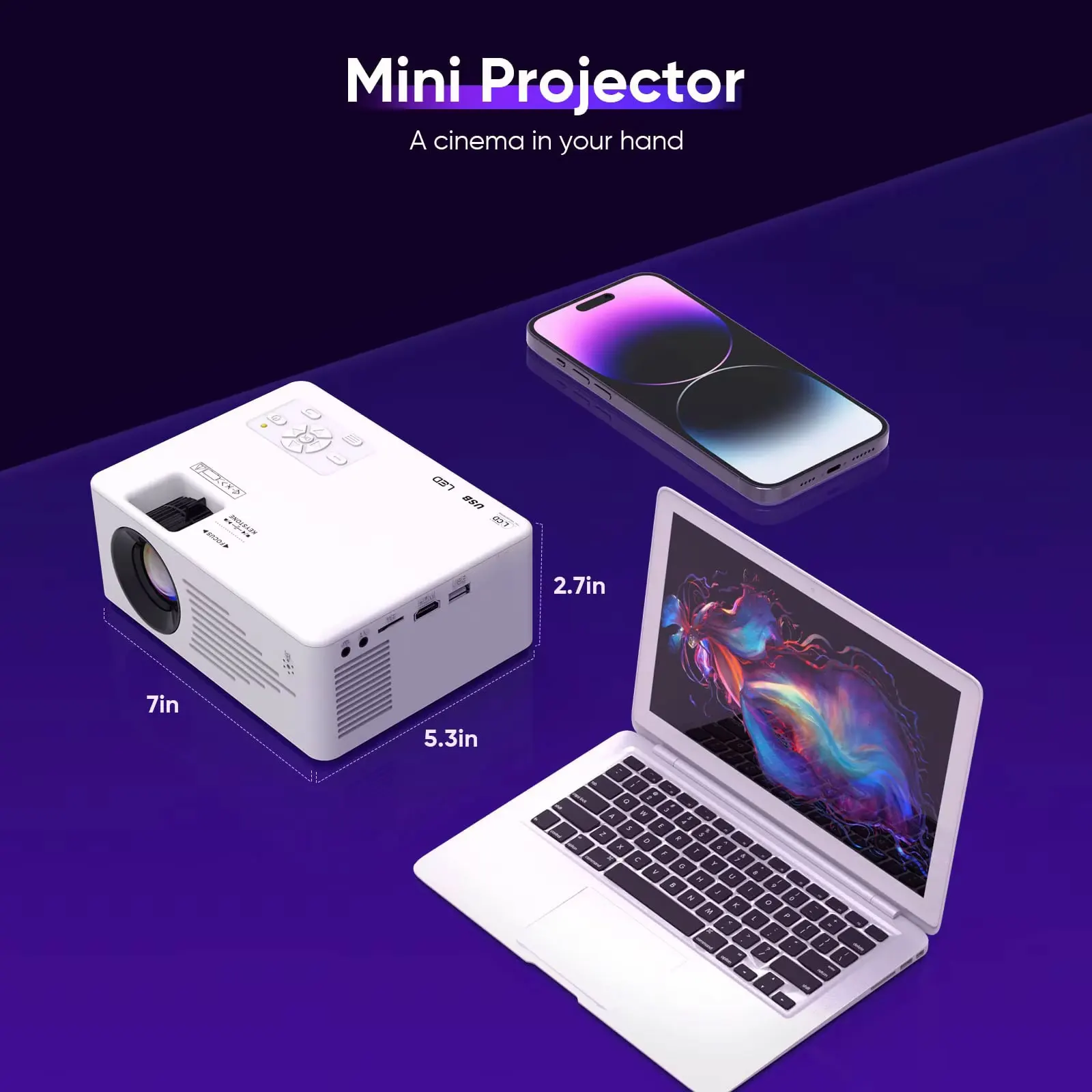 Mini projecteur pour iPhone Portable 4K HD 1080 projecteur 5G WiFi/Bluetooth pour iOS/Android/PC/TV Stick/HDMI/AV/USB intérieur extérieur