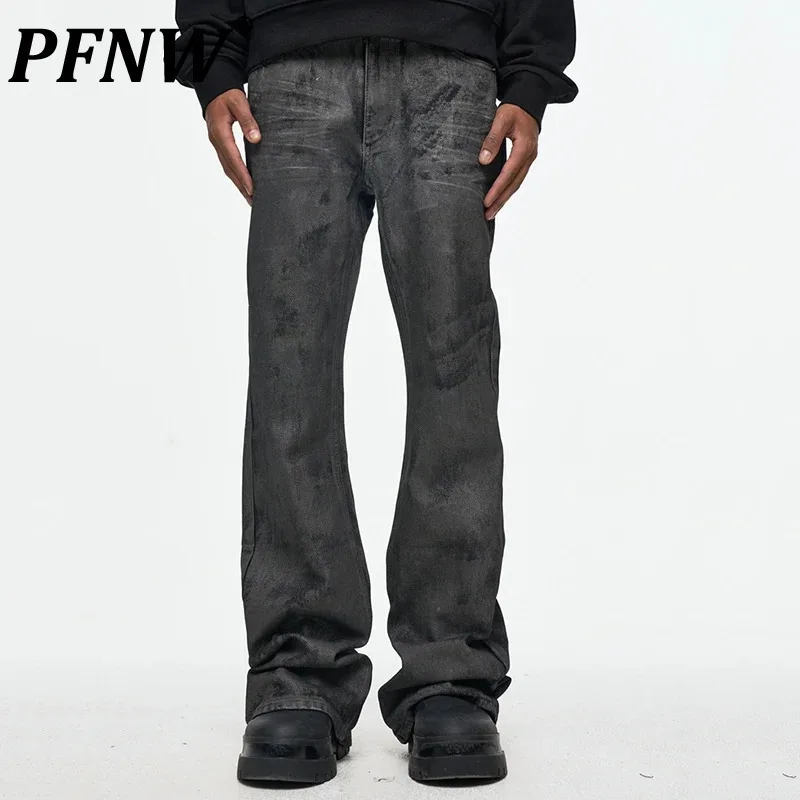 PFNW Autumn Trend Men's Casual Pants Straight Leg Solid Color Worn-out Washed Waxed Boot Cut Male Trousers Dark Style 12C1022