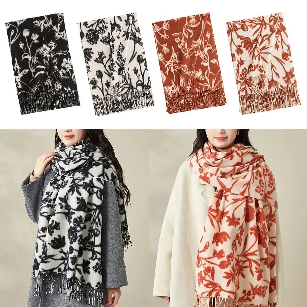 

Винтажный утолщенный шарф из искусственного кашемира с цветочным принтом, холодостойкий длинный шарф с кисточками, теплая женская шаль, осень-зима