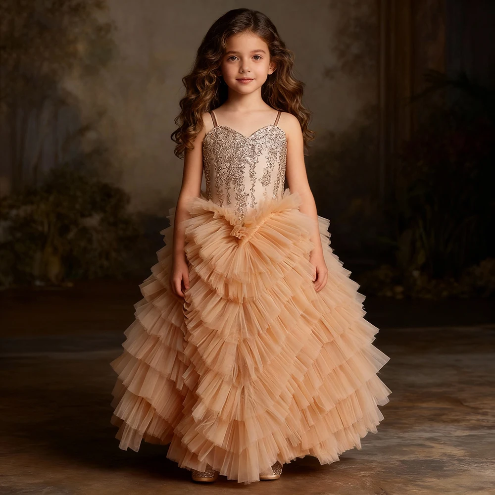 Vestidos de primera comunión con lentejuelas brillantes para niñas, vestidos de flores con volantes escalonados, vestido de fiesta de princesa, vestido para sesión de fotos