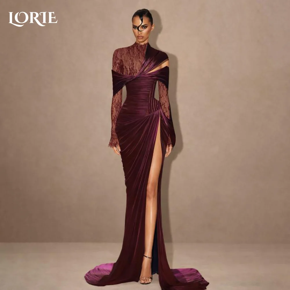 LORIE Modest Crepe Evening Dresses Elegant Cool Deep High Collar Mermaid Velvet Arabia Prom Gown Ruffle Party Dresses Customized