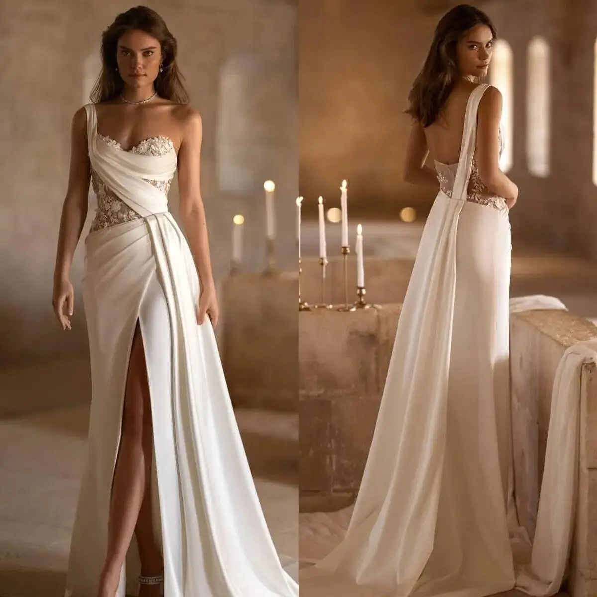

Boho A E Satin Wedding Dress With Sweetheart Necke Pleats Appliques Backless Split Designer Bridal Gown Ppliques