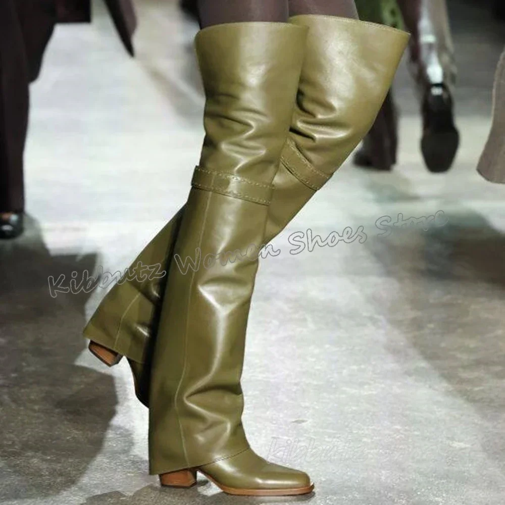 

Turned-Over Edge Boots Over The Knee Genuine Leather Solid Color Fashion Luxury Elegant Concise Sexy Women Party Shoes New Heels