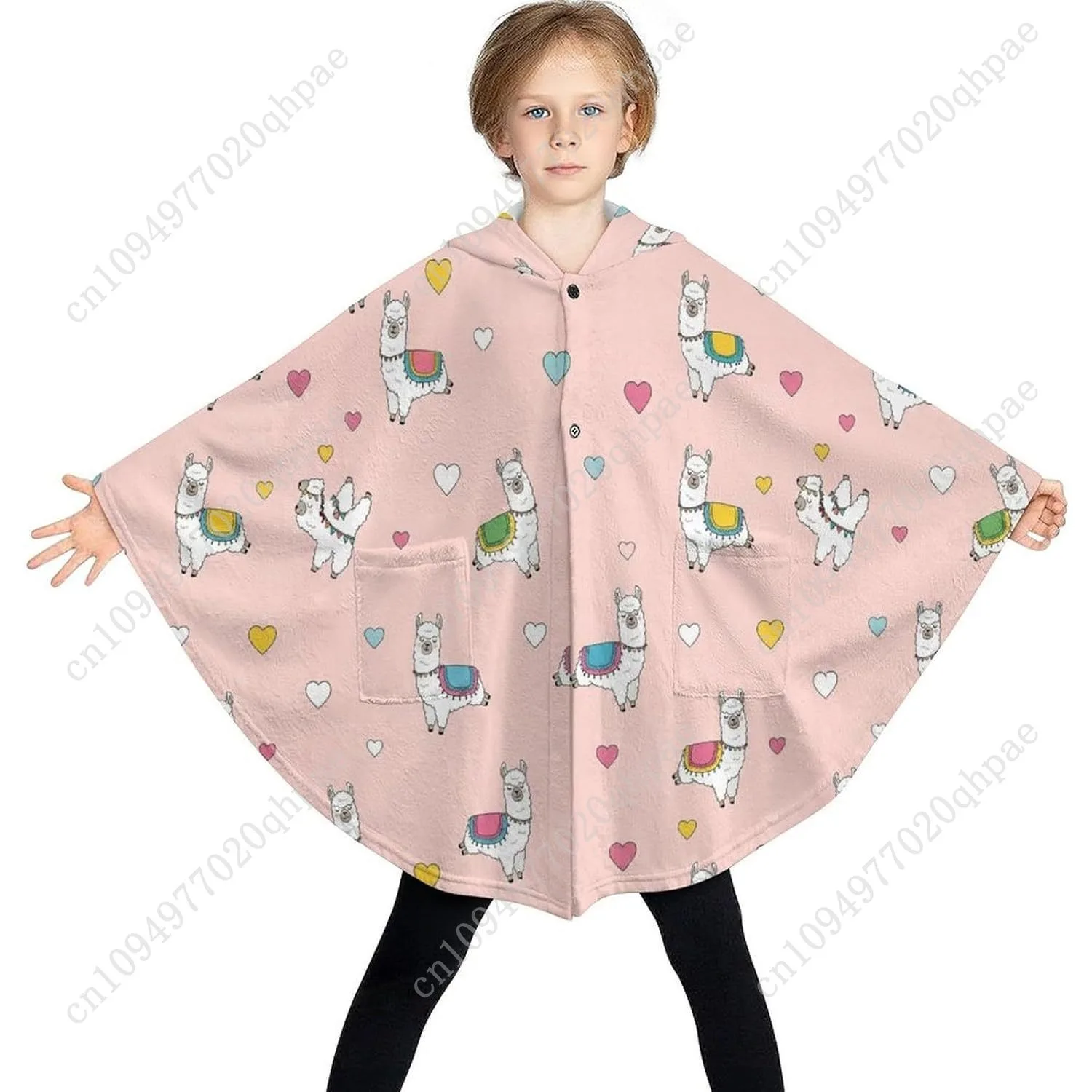 سترة بطانية مريحة من الفلانيل، سترة بقلنسوة كبيرة الحجم على شكل قلوب لاماس لطيفة مع جيوب للأطفال والمراهقين #3