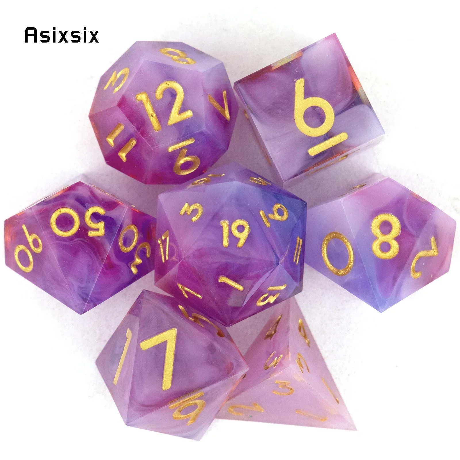 

7 Pcs Pink Purple Golden Number Sharp Edge Resin Dice Polyhedral Dice Suitable For Role-Playing RPG Gift