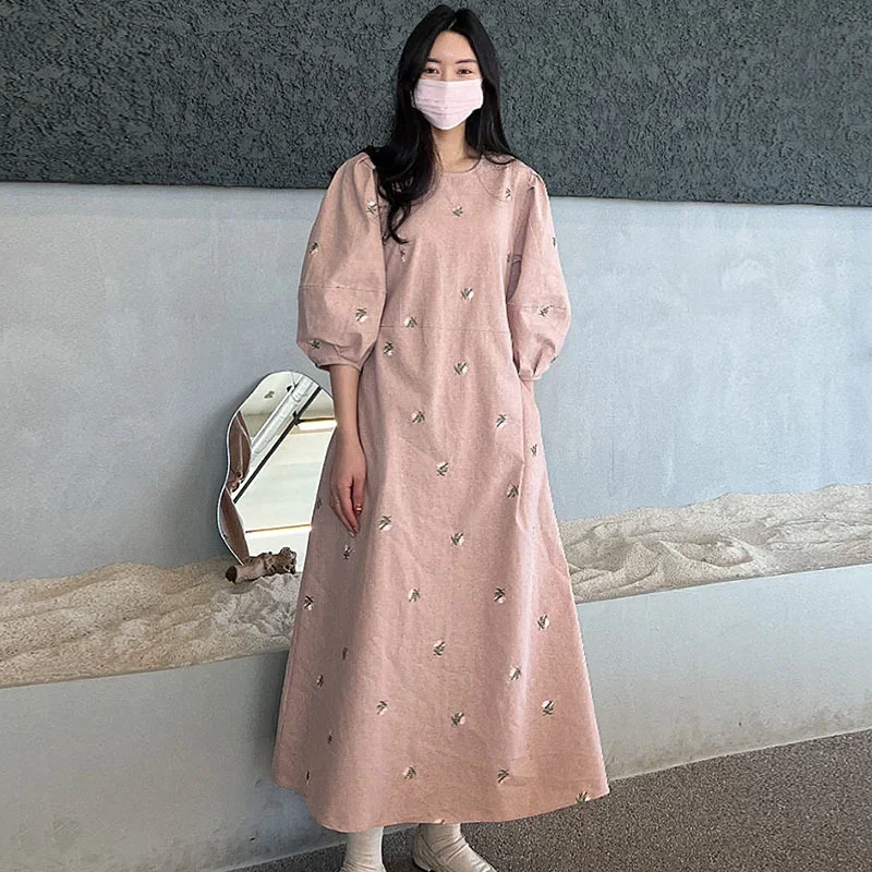 Korejpaa French Fashion Floral Embroidery Dress Women Puff Sleeve Casual Dresses Spring Casual O Neck High Waist Clothing