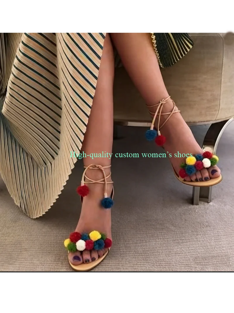 Decorated With Colorful Pom-Poms Round Toe Handmade Luxury Sandals Chunky Heels And  Retro-Style Banquet Women's Shoes view 4