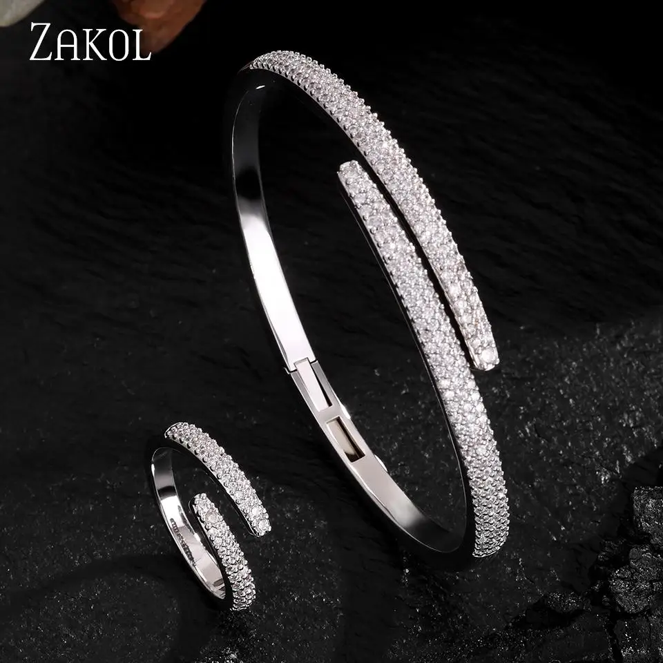 ZAKOL Simple Fashionable Micro-set Zircon Women's Ring Bracelet Two-piece Set Luxury Charm Wedding Party Jewelry Sets Female