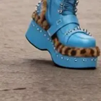 Women Blue Platform Knee High Boots Leopard Faux Fur Trim Spiked Rivet Tall Boots Lace Up Buckle Zipper Long Boots Gothic Trend